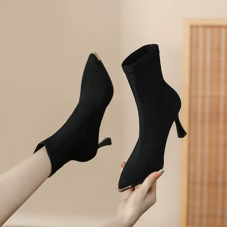 2023年新款秋冬软皮弹力瘦瘦靴中筒短靴性感尖头高跟鞋女细跟靴子商品大图