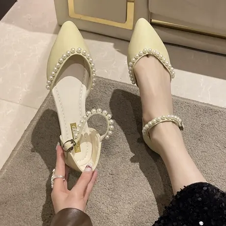 包头凉鞋女2023年新款夏季仙女风法式珍珠尖头配裙子平底单鞋女鞋商品大图
