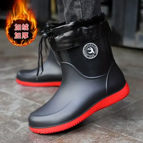劳保雨鞋男款冬季加绒保暖防水棉鞋厨房中筒工作防滑胶鞋钓鱼雨靴商品大图