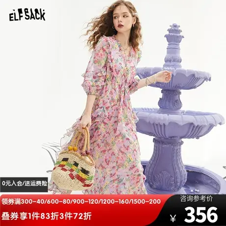 妖精的口袋雪纺碎花连衣裙女2024早春新款v领宽松高级感度假裙子图片