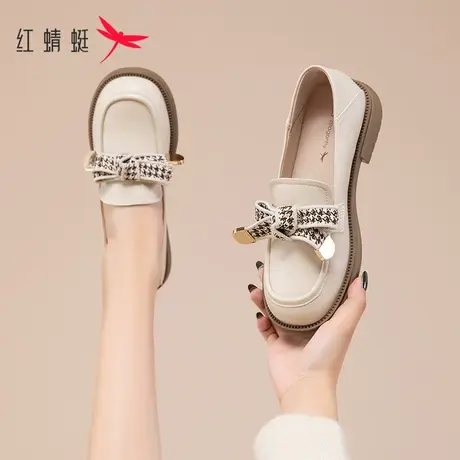 红蜻蜓乐福鞋女冬季2023新款女鞋法式蝴蝶结单鞋软底一脚蹬小皮鞋商品大图
