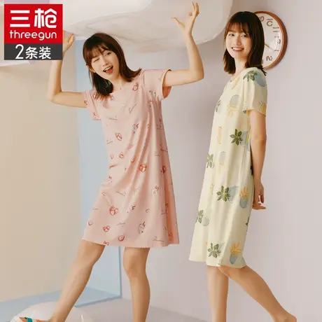 三枪夏天短袖薄款少女清新纯棉弹力可外穿可爱睡裙睡衣圆领家居服图片