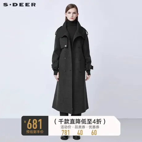 sdeer圣迪奥冬季复古高领收腰格纹工装毛呢大衣S21481814图片