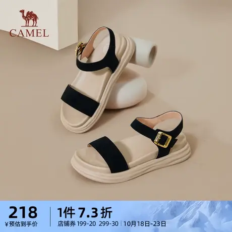骆驼女鞋2023夏季新款平底一字带凉鞋时尚厚底真皮厚底休闲凉鞋女图片