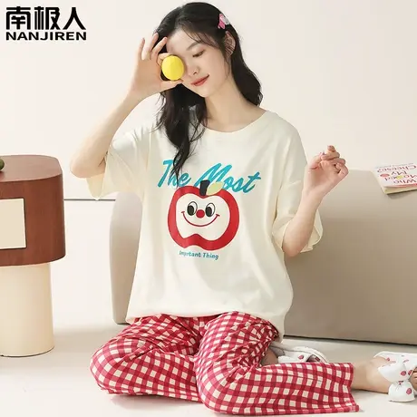 女士睡衣女夏款夏季纯棉夏天女款短袖长裤微笑果套装家居服春秋款商品大图
