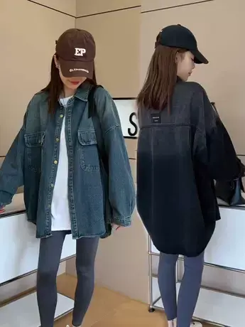 2023秋季复古港风渐变牛仔衬衫女慵懒风设计感宽松中长款衬衣外套商品大图