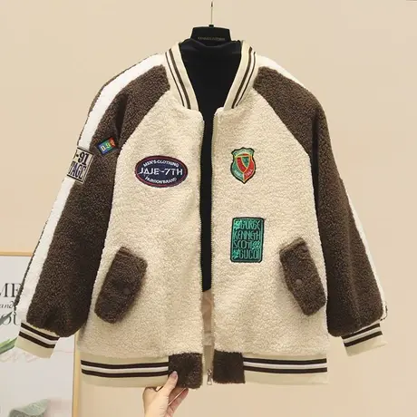 2023秋冬新款羊羔毛外套女欧洲站短款拼色加厚毛绒棒球服夹克上衣商品大图