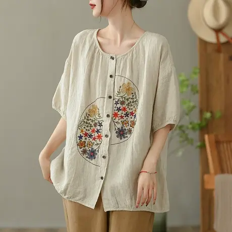 dza 重工刺绣亚麻衬衫女2023夏薄款圆领外搭衬衣宽松棉麻开衫上衣图片