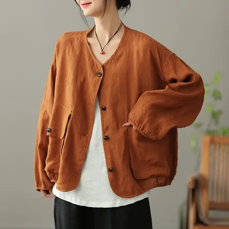 dza 文艺复古亚麻短外套女2023夏季薄款外搭开衫宽松显瘦棉麻上衣商品大图