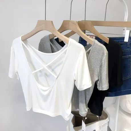 夏季修身显瘦设计感小众小心机交叉美背短款打底短袖T恤上衣女装商品大图