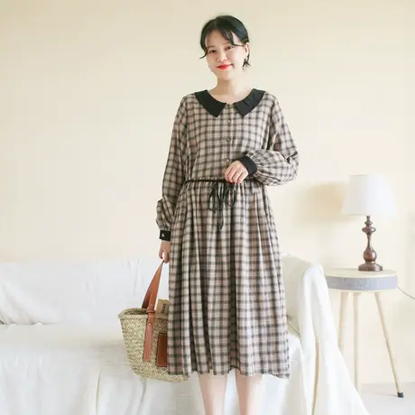 胖妹妹秋季2023新品复古格纹撞色连衣裙 大码微胖宽松文艺连衣裙商品大图