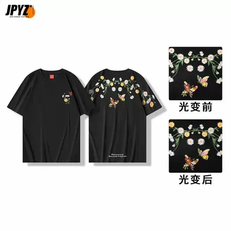 光变雏菊潮牌新款短袖男女情侣款玫瑰花刺绣重磅纯棉透气上身t恤商品大图