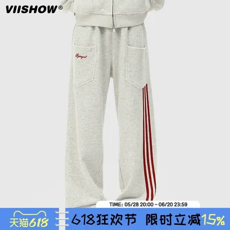 VIISHOW复古条纹拼接刺绣运动卫裤男女潮牌宽松情侣阔腿休闲长裤商品大图