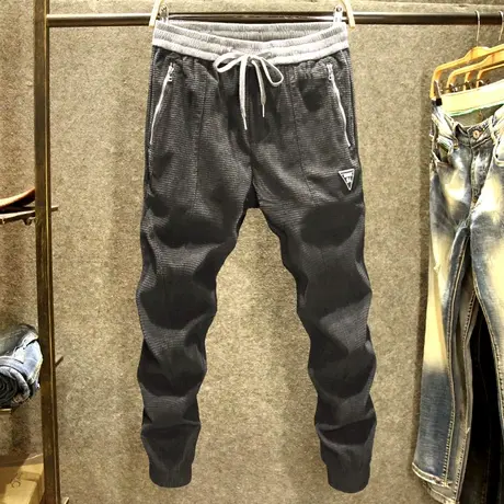 春秋款黑色男士休闲裤修身束脚裤韩版潮流青年弹力裤子灯芯绒裤厚商品大图