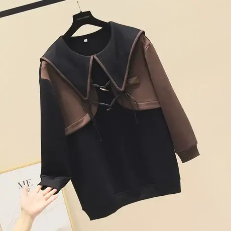 时尚洋气拼接撞色海军领中长款长袖卫衣秋季新品设计感假两件上衣图片