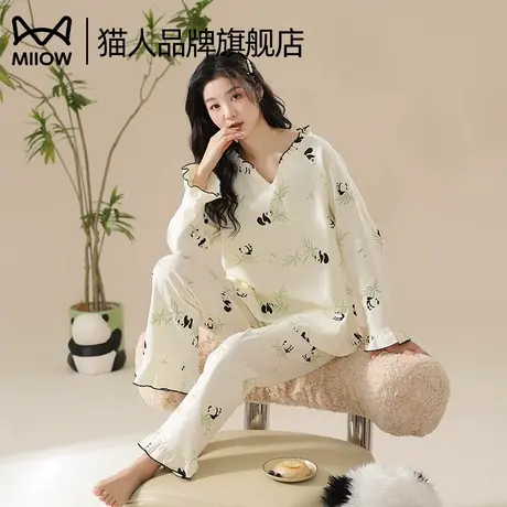 猫人纯棉睡衣女春秋款长袖长裤套装2025新款套头高级复古风家居服商品大图