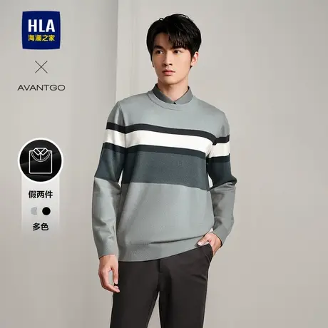 HLA/海澜之家商务经典衬衫领长袖针织衫25春季新假两件条纹毛衣男图片