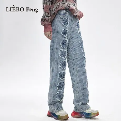 裂帛LIEBOFeng2023年春夏新款ins高街潮流蓝色直筒显瘦拖地牛仔裤商品大图