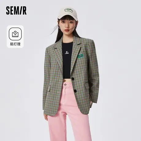 森马休闲西服女中长款易打理2024春季新款宽松迷彩格子外套小西装图片