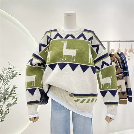 复古提花小鹿设计感小众毛衣女秋冬2022新款宽松显瘦针织衫女上衣商品大图