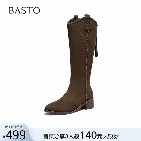 百思图25冬商场新款加绒绒面骑士靴长靴V口粗跟女西部靴F3016DG5商品大图