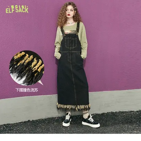 妖精的口袋流苏牛仔背带裙女2023秋季新款宽松长款复古休闲连衣裙商品大图