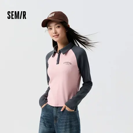 森马POLO衫女短款紧身拼色插肩袖辣妹衣服春季时尚字母上衣复古XY商品大图