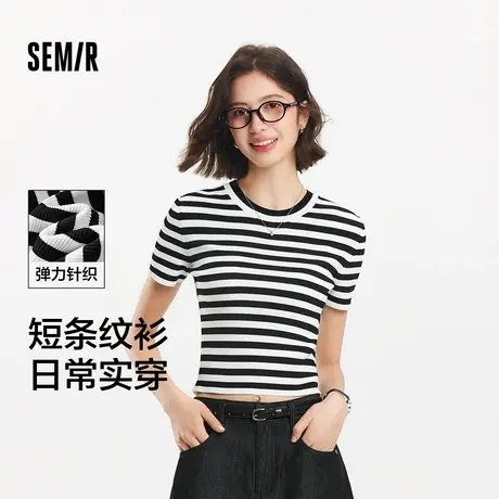 森马针织衫女短款基础款条纹衫显腿长夏季休闲风圆领紧身毛衫通勤图片