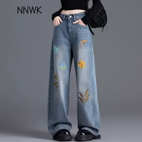 设计感花朵刺绣牛仔裤女2025新款春秋高腰阔腿裤宽松慵懒风直筒裤图片