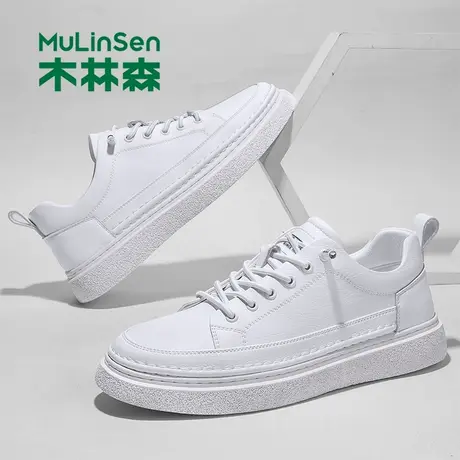 木林森时尚小白鞋男鞋秋季新款透气真皮休闲板鞋百搭一脚蹬皮鞋商品大图