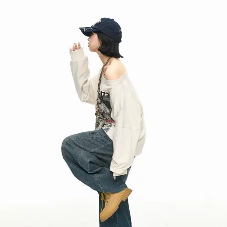 美式潮牌物理防晒印花罩衫女春秋新款宽松休闲斜肩长袖T恤上衣商品大图