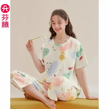 芬腾夏季短袖睡衣女纯棉薄款宽松可爱卡通夏天全棉大码家居服套装商品大图