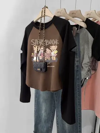 韩版小上衣秋季薄款断袖设计感插肩长袖T恤女装ins潮牌甜辣打底衫商品大图