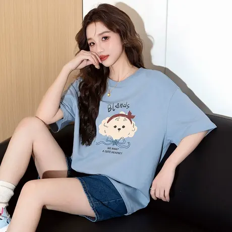 唐狮夏季女新款加厚短袖T恤宽松休闲洋气圆领纯棉设计感爆款tu商品大图