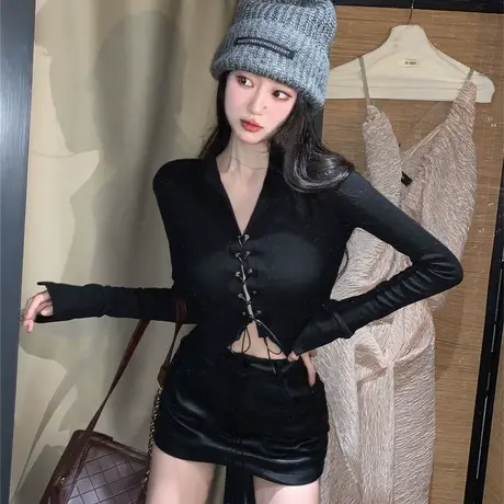 短款辣妹长袖t恤女春秋新款设计感绑带修身显瘦纯欲风polo衫上衣商品大图