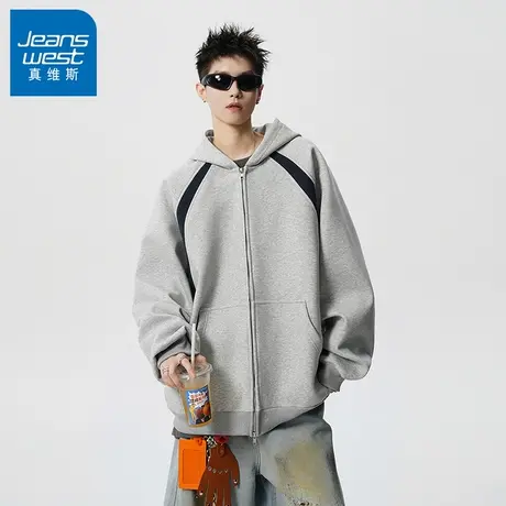 N5真维斯男士开衫卫衣2025新款秋季美式宽松撞色拼接男生春秋外套商品大图