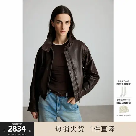 MISSCOCOON可可尼C3系列深棕色羊皮美式立领显瘦气质短夹克外套女商品大图