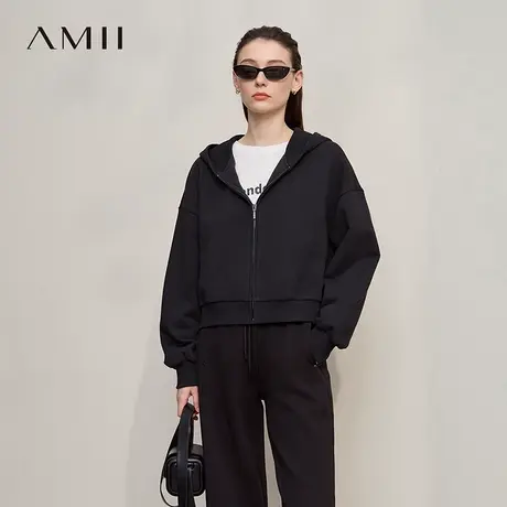 Amii2025冬新款纯色宽松落肩袖拉链连帽内抓毛保暖卫衣外套女商品大图