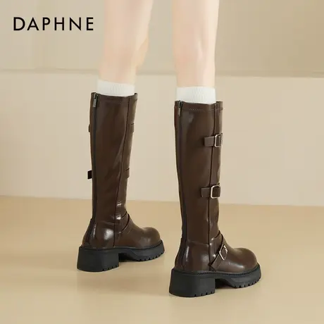 达芙妮厚底长筒靴女2025新款秋冬复古皮带扣机车靴高筒显瘦骑士靴商品大图