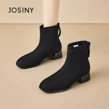 卓诗尼2025秋冬新款粗跟绒面短靴女黑色靴子休闲时装靴百搭瘦瘦靴图片
