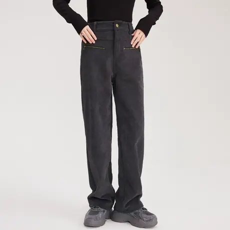 尔给灯芯绒裤子女秋冬季2022新款高腰直筒裤加绒加厚小个子长裤商品大图