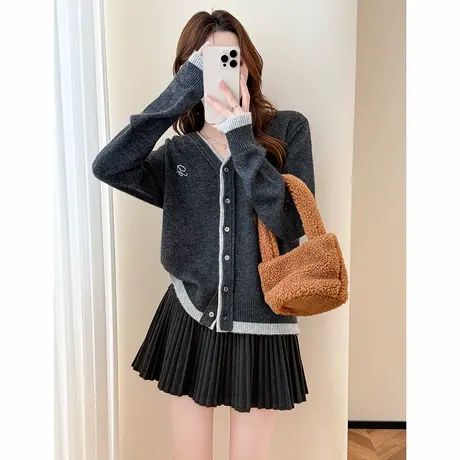 唐狮秋冬季女毛衣简约风设计假两件V领开衫宽松百搭时尚毛线衫tu商品大图