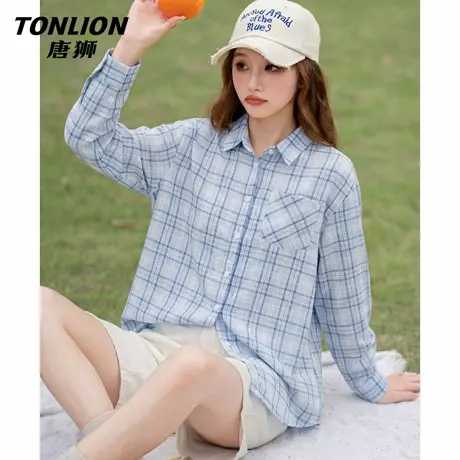 唐狮官方蓝色格子长袖衬衫女2026春秋新款宽松显瘦衬衣外套上衣VB商品大图