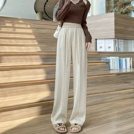 糯米阔腿裤子女秋冬季高腰垂感休闲窄版直筒裤加厚羊绒针织拖地裤商品大图