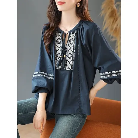 宝诗黎系带V领刺绣长袖衬衫2023早秋新款棉质薄上衣宽松休闲女装商品大图
