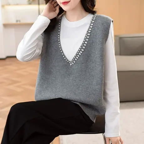 2023秋冬新款韩版宽松V领镶钻针织衫无袖套头纯色毛衣马甲背心女图片