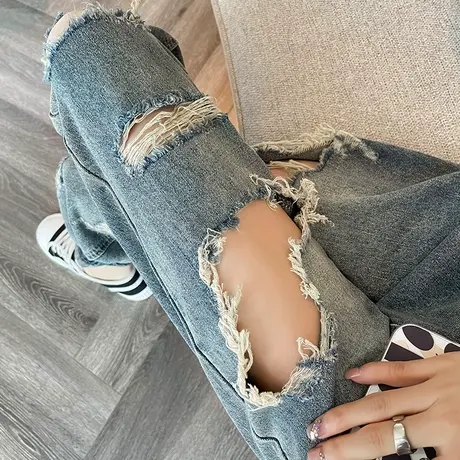 破洞老爹牛仔裤女2023年夏季薄款高腰宽松显瘦ins九分乞丐哈伦裤商品大图