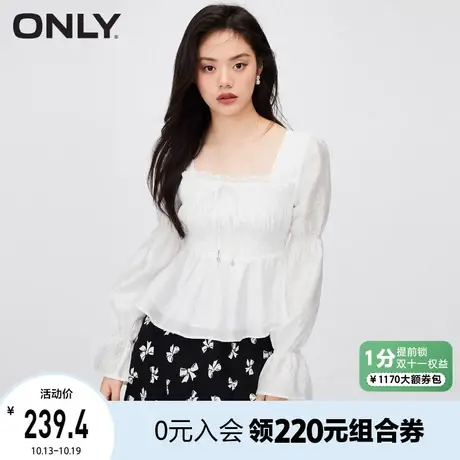 【买4免1】ONLY奥莱夏季新款气质方领收腰喇叭袖修身短款衬衫女商品大图