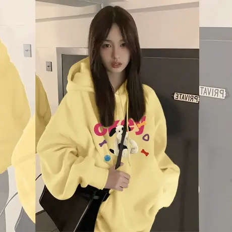 奶系连帽卫衣女秋冬2023爆款慵懒风宽松美式vibe小众设计感外套潮商品大图