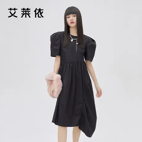 艾莱依法式收腰连衣裙春款时尚女装新款小众设计泡泡袖高腰长裙图片